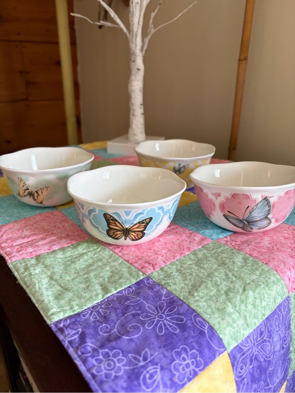 Lenox Butterfly Meadow Ceramic Rice Bowls - White with Pastel Accents- 4 bowls